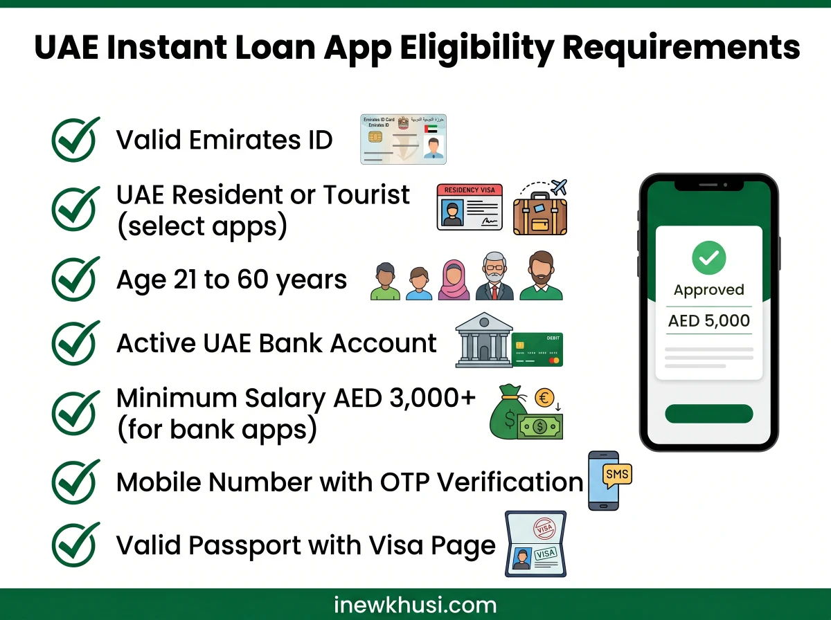 Checklist showing UAE instant loan eligibility &mdash; Emirates ID, bank account, age, salary, OTP and passport