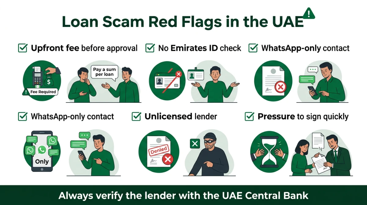 Loan scam red flags checklist in the UAE &mdash; upfront fees, no Emirates ID check, WhatsApp only contact