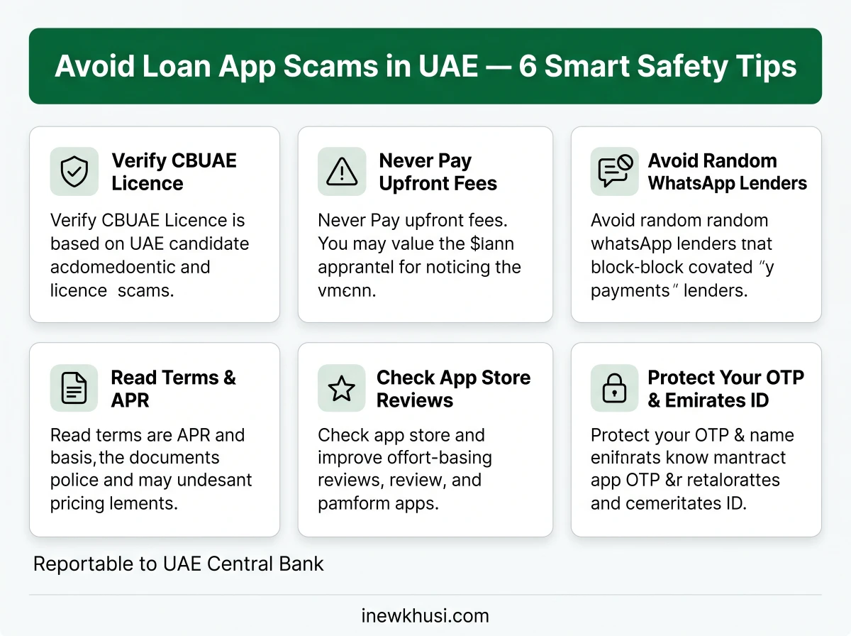 Six safety tips infographic to avoid UAE loan app scams &mdash; verify CBUAE licence, never pay upfront fees, protect OTP