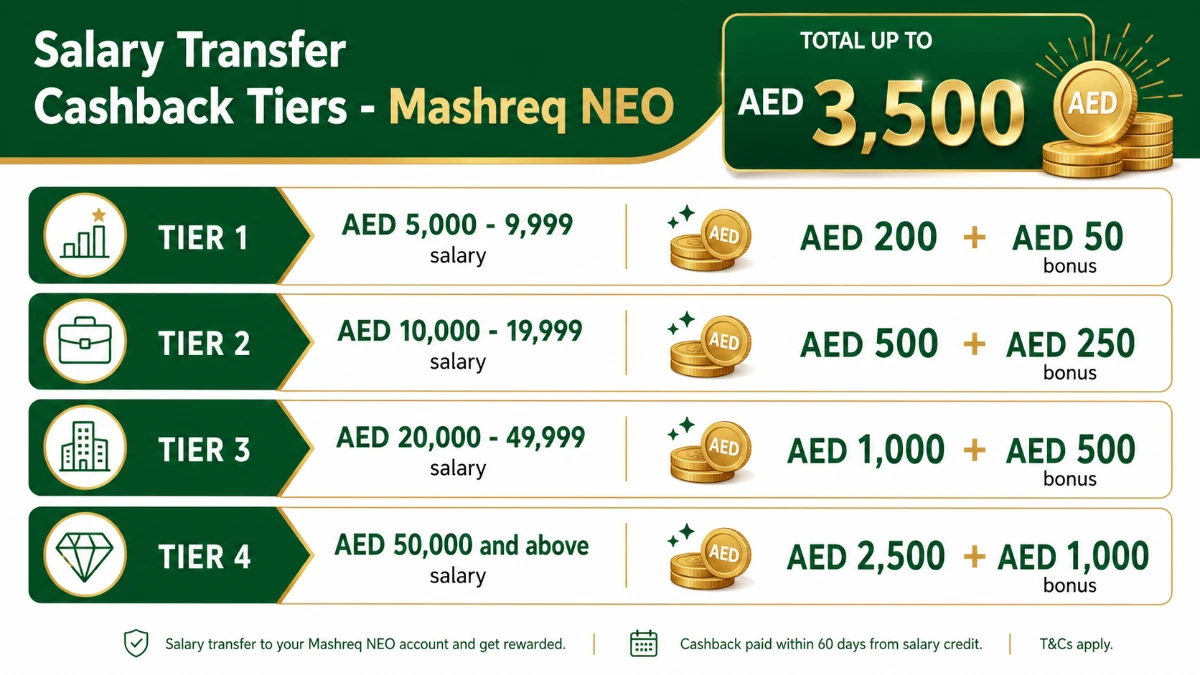 Mashreq NEO salary transfer cashback tiers infographic showing AED 200 to AED 3500 bonus rewards