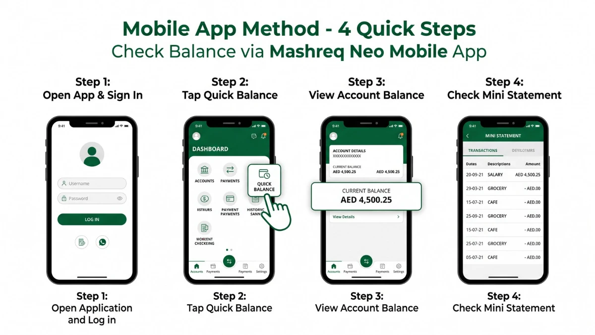 Step-by-step infographic for checking Mashreq Neo balance through the mobile app