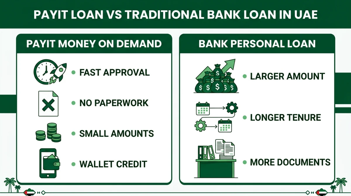 Comparison infographic showing Payit Money on Demand versus traditional UAE bank personal loans