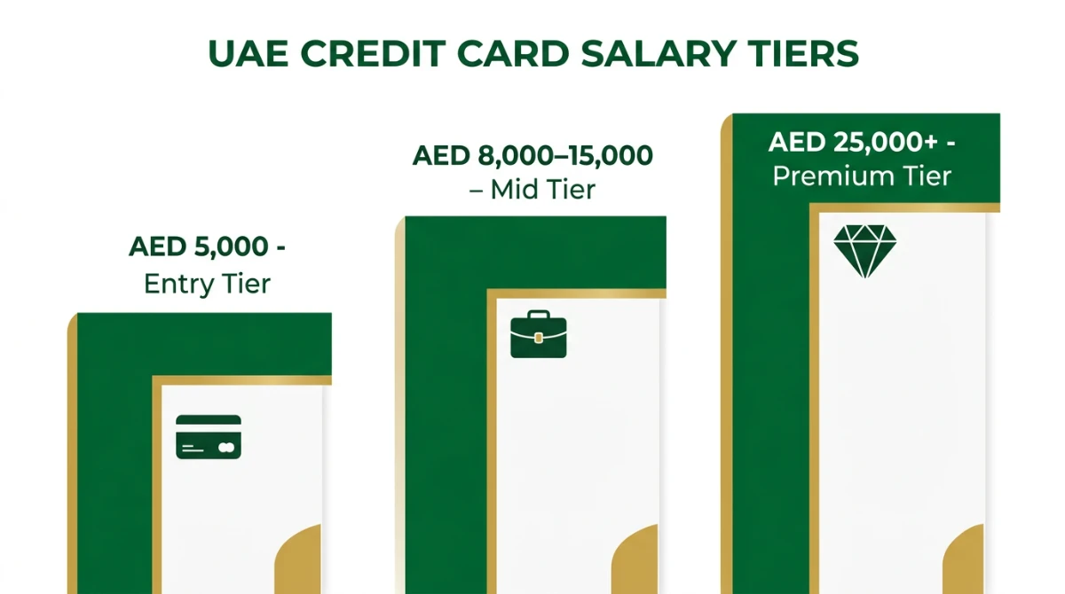 UAE credit card salary tiers infographic showing entry, mid and premium income brackets
