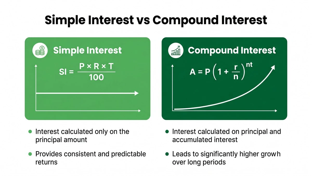 Comparison infographic of simple interest vs compound interest formulas