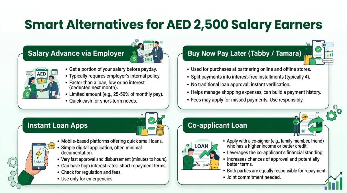 Smart loan alternatives infographic for AED 2500 salary earners in UAE &mdash; salary advance, BNPL, apps, co-applicant