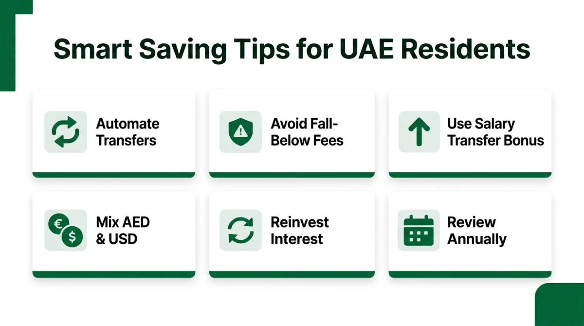 Smart saving tips for UAE residents &mdash; automate transfers, avoid fall-below fees, use salary bonus, mix currencies, reinvest interest, review annually