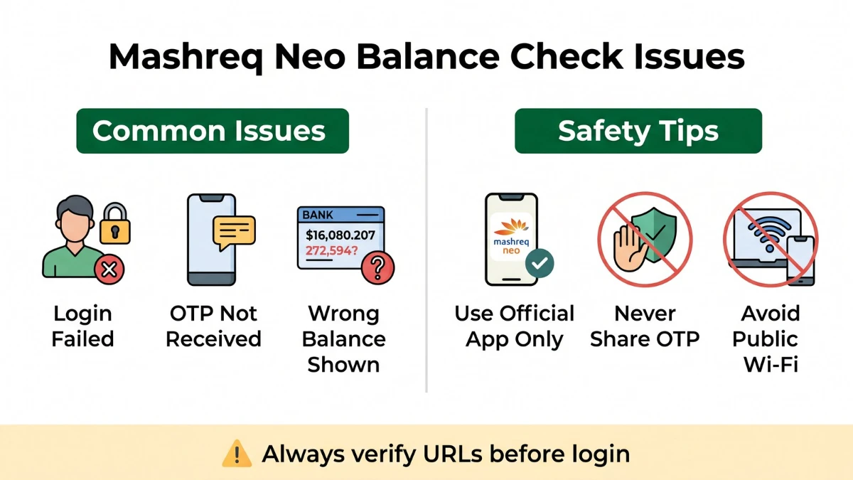 Troubleshooting and safety tips infographic for Mashreq Neo balance check issues