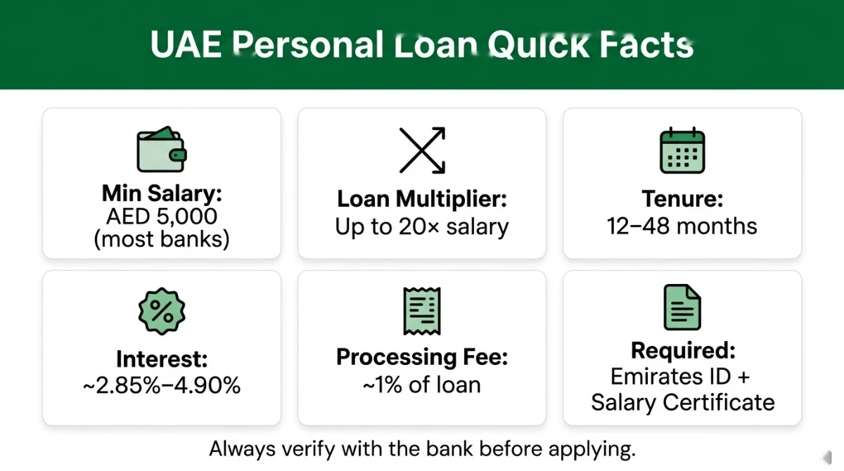 Quick facts grid covering minimum salary, multiplier, tenor, interest, fees and documents for UAE personal loan