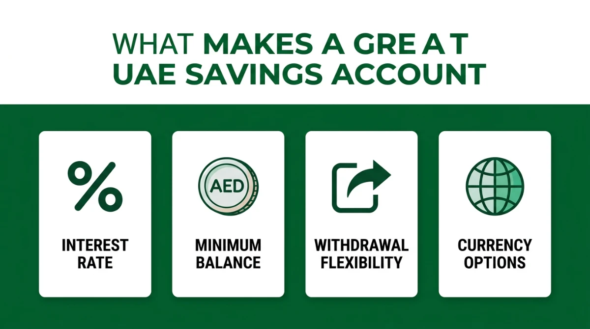 Four key criteria to evaluate a UAE savings account: interest rate, minimum balance, withdrawal flexibility, currency options