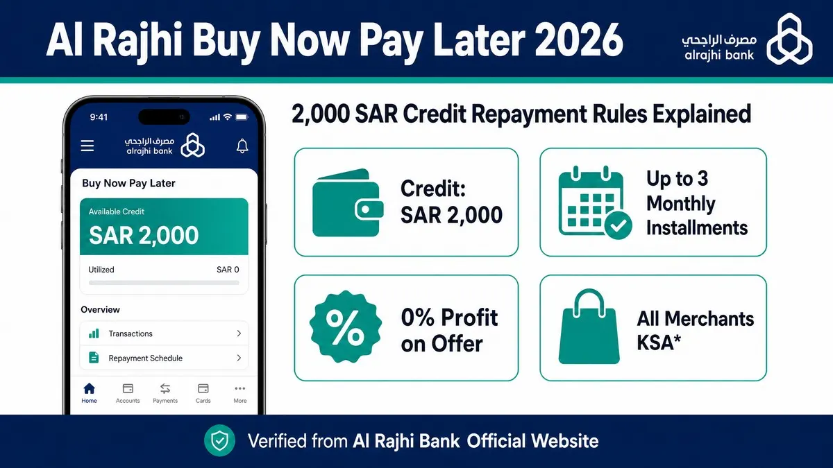 Al Rajhi BNPL repayment rules infographic &mdash; 2,000 SAR credit split into a maximum of 3 monthly installments